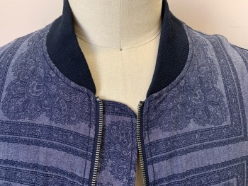 SEAN JOHN, Steel Blue, Navy Blue, Cotton, Paisley/Swirls, Geometric, Heather Light Steel Blue with Navy Paisley in Ornate Rectangle Frame, Ribbed Knit Collar Attached, Long Sleeves Cuffs (1 Pocket & Zipper on Left Arm) & Hemm Zip Front, 2 Pockets, Solid Navy Lining