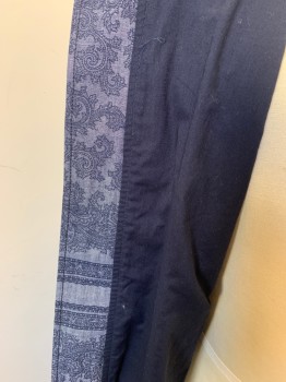 SEAN JOHN, Steel Blue, Navy Blue, Cotton, Paisley/Swirls, Geometric, Heather Light Steel Blue with Navy Paisley in Ornate Rectangle Frame, Ribbed Knit Collar Attached, Long Sleeves Cuffs (1 Pocket & Zipper on Left Arm) & Hemm Zip Front, 2 Pockets, Solid Navy Lining