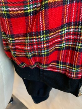 KNIGHT BRIDGE, Black, Red, Yellow, White, Polyester, Wool, Solid, Plaid, Collar Attached with 2 Black Buttons, Red/yellow/black/white Plaid Lining, Zip Front, 2 Pockets with Flap, Ribbed Knit Long Sleeves Cuffs & Hem