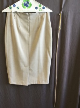 AMANDA & CHELSEA, Oatmeal Brown, Polyester, Viscose, Heathered, No Waist Band, Solid Tan Lining,  Belt Hoops, Zip Back, Slit Back Center Hem, Thin Light Brown Leather with Gold Long Rectangle Buckle