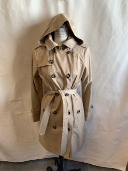 LONDON FOG , Khaki Brown, Cotton, Polyester, with Belt, Hooded, Collar Attached, Hem, Hook & Eye at Neck, Double Breasted, 2 Pockets