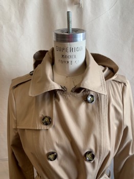 LONDON FOG , Khaki Brown, Cotton, Polyester, with Belt, Hooded, Collar Attached, Hem, Hook & Eye at Neck, Double Breasted, 2 Pockets