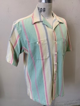 Mens, Casual Shirt, POLO RALPH LAUREN, Mint Green, Lt Yellow, Pink, Gray, Cotton, Stripes - Vertical , M, Pastel Stripes, Thick Material, Short Sleeves, Button Front, Collar Attached, 2 Patch Pockets with Button Closure