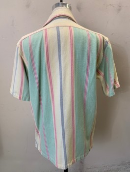 Mens, Casual Shirt, POLO RALPH LAUREN, Mint Green, Lt Yellow, Pink, Gray, Cotton, Stripes - Vertical , M, Pastel Stripes, Thick Material, Short Sleeves, Button Front, Collar Attached, 2 Patch Pockets with Button Closure