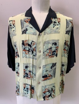 Mens, Casual Shirt, BRUCE HALPERIN, Black, Butter Yellow, Rust Orange, Slate Blue, Rayon, Novelty Pattern, L, Front is Squares with Western Vignettes (Cowboys, Rope, Etc), Short Sleeves, Notched Collar and Back are All Solid Black, Button Front, 80's Does 50's