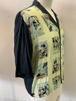 Mens, Casual Shirt, BRUCE HALPERIN, Black, Butter Yellow, Rust Orange, Slate Blue, Rayon, Novelty Pattern, L, Front is Squares with Western Vignettes (Cowboys, Rope, Etc), Short Sleeves, Notched Collar and Back are All Solid Black, Button Front, 80's Does 50's