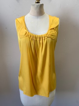 Womens, Top, ELIE TAHARI, Yellow, Silk, Elastane, Solid, S, Pullover, Scoop Neckline, Bow at Front with Pleated Center, Waterfall Detail on Shoulder, Sleeveless