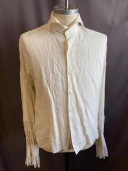 Mens, Historical Fiction Shirt, MTO, Cream, Linen, Solid, Floral, 38, 17, Button Collar, Fold Over Collar, Button Front, 7 Buttons, Side Vents, Lace Insets in Sleeves, Lace Flounce on Sleeves, 3 Buttons Per Sleeve