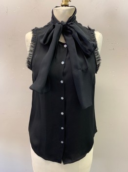 Womens, Blouse, CINQ A SEPT , Black, Silk, M, Sheer, Neck Tie Attached, Button Front, Sleeveless, Ruffle Trim on Arm Holes