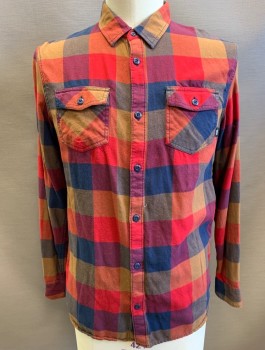 VANS, Multi-color, Red, Olive Green, Navy Blue, Brown, Cotton, Check , Flannel, Long Sleeves, Button Front, Collar Attached, 2 Pockets with Button/Flap Closure