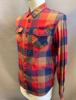 Mens, Casual Shirt, VANS, Multi-color, Red, Olive Green, Navy Blue, Brown, Cotton, Check , L, Flannel, Long Sleeves, Button Front, Collar Attached, 2 Pockets with Button/Flap Closure