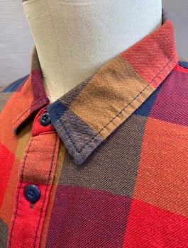 VANS, Multi-color, Red, Olive Green, Navy Blue, Brown, Cotton, Check , Flannel, Long Sleeves, Button Front, Collar Attached, 2 Pockets with Button/Flap Closure