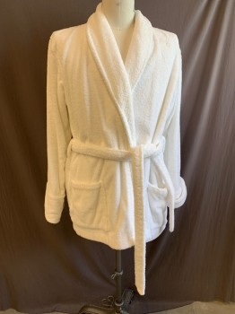 Mens, Bathrobe, LANDS END, White, Cotton, Solid, 42-44, Terry Cloth,Shawl Collar, 2 Pockets, Long Sleeves, Matching Belt