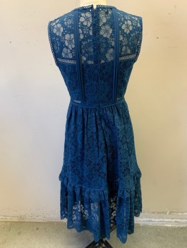 Womens, Dress, Sleeveless, WHISTLES, Navy Blue, Cotton, Nylon, Solid, Floral, Sz.6, Lace, Round Neck,  Sleeveless, Small Vertical Chiffon Pleats at Center Front, Looped Scalloped Edging, Hem Below Knee, Ruffles at Hem