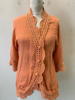 Womens, Sweater, NO LABEL, Coral Orange, Cotton, Solid, M, Cardigan, Mid Sleeve, Knit Lace Trim, 3 Buttons,