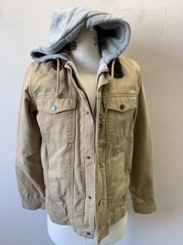 Mens, Casual Jacket, N/L, Lt Khaki Brn, Lt Gray, Dk Brown, Cotton, Solid, S, Zipper and Snap Front, Lt Gray Hoodie Sewn In, Dk Brown Corduroy Collar, 4 Pockets, Canvas/Duck Cloth, Work Wear