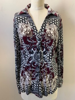 Womens, Blouse, CACHE, Black, Red Burgundy, White, Gray, Navy Blue, Polyester, Spandex, Leaves/Vines , M, Victorian Like Vine Pattern, Chain Pattern, Black & White Plaid Pattern, Collar Attached, Snap Front, Long Sleeves, 1990s/Early 2000s,