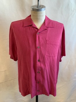Mens, Hawaiian Shirt, TOMMY BAHAMA, Raspberry Pink, Silk, Leaves/Vines , M, Short Sleeves, Button Front, Wood Buttons, Open Collar, Chest Pocket