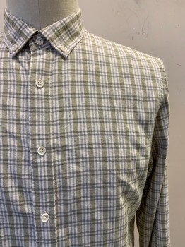 Vince, Sage Green, Off White, Gray, Cotton, Linen, Plaid, L/S, Button Front, Collar Attached