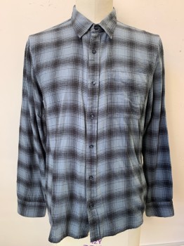 Buck Mason, Black, Gray, Steel Blue, Cotton, Plaid, L/S, Button Front, Collar Attached, Chest Pocket