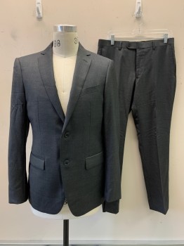 JOHN VARVATOS, Charcoal Gray, Wool, Solid, 2 Buttons, Single Breasted, Notched Lapel, 3 Pockets