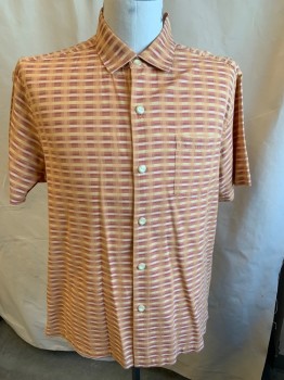 TOMMY BAHAMA, Peach Orange, Brown, Dusty Pink, Lt Yellow, White, Silk, Cotton, Stripes, S/S, C.A., Bttn., Patch Pocket,