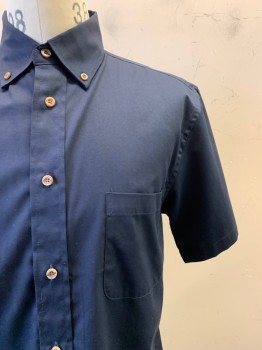 HARRITON, Navy Blue, Cotton, Polyester, Solid, S/S, Button Front, Collar Attached, Chest Pocket