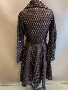 Womens, Sci-Fi/Fantasy Coat/Robe, WHY DRESS, Black, Iridescent Pink, Silver, Polyester, Triangles, S, Textured Material with Cutout Triangles That Curl Up to Reveal Fishnet, Long Sleeves, Notched Collar, 2 Snap Closures at Waist Seam, Belt Loops, ***with Matching Belt