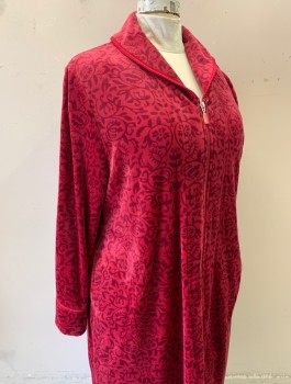 Womens, SPA Robe, CAROL HOCHMAN, Cranberry Red, Red Burgundy, Polyester, Spandex, Leaves/Vines , Swirl , 1X, Fleece, Long Sleeves, Zip Front, Shawl Collar Attached, Satin Trim at Collar and Cuffs, Ankle Length, 2 Pockets