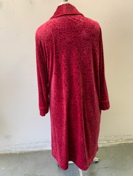 Womens, SPA Robe, CAROL HOCHMAN, Cranberry Red, Red Burgundy, Polyester, Spandex, Leaves/Vines , Swirl , 1X, Fleece, Long Sleeves, Zip Front, Shawl Collar Attached, Satin Trim at Collar and Cuffs, Ankle Length, 2 Pockets