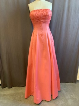 Womens, Evening Gown, CACHE, Apricot Orange, Polyester, Solid, B 30, 0, W 22, Strapless, Beaded Bust, Swirling Beads Down From Bust, Zip Back, Lace Up Back, Tulle Layers Underneath