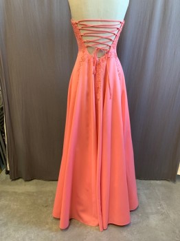 Womens, Evening Gown, CACHE, Apricot Orange, Polyester, Solid, B 30, 0, W 22, Strapless, Beaded Bust, Swirling Beads Down From Bust, Zip Back, Lace Up Back, Tulle Layers Underneath