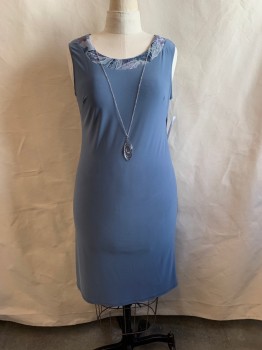 R&M RICHARDS, Blue-Gray, Multi-color, Polyester, Spandex, Solid, Floral, DRESS, Round Neck, Slvls, Floral Pattern on Neck, Removable Silver Chain/necklace at Bust,