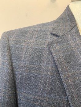 JOS A BANK, Navy Blue, Blue, Gray, Mustard Yellow, Red Burgundy, Wool, Plaid, Notched Lapel, Single Breasted, B.F., 2 Bttns, 3 Pckts