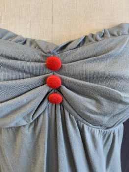 RUBY SKY, Gray, Red, Tencel, Spandex, Solid, Jersey Knit, Adjustable Spaghetti Straps, Ruffle Trim Neck Edge, Low Cut Sq/n, Ruching CF with 3 Button Detail