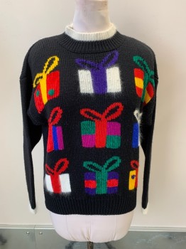 HASTING & SMITH, Black, Acrylic, Wool, Christmas Sweater, Knit, Mock Neck, Multi Color Wrapped Present Images, Small Pearl Beading