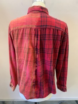 URBAN OUTFITTERS, Dusty Red, Maroon Red, Black, Dusty Orange, Multi-color, Cotton, Plaid, Ombre, L/S, B.F., Bttn Down Collar, Chest Pocket, Bleached Ombre On Back