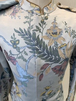 Mens, Historical Fiction Piece 1, Trish Semmerville, Baby Blue, Gold, Green, Polyester, Cotton, Floral, 34-36, Tunic Dance Costume, Collar Band, Clip Front, Gold Trim, Lace Cuffs,