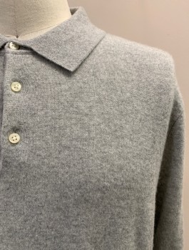 J. CREW, Lt Gray, Cashmere, Solid, POLO, 3 Buttons, Ribbed Hem,