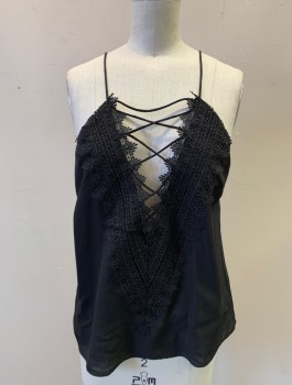 WAYF, Black, Polyester, Solid, Chiffon, Spaghetti Straps, Black Lace V Shaped Panel in Front with Criss Crossed Laces, Pullover