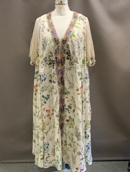 NL, Cream, Red, Green, Blue, Peach Orange, Cotton, Floral, V-N with Hook & Eye, Floral Trim Around Neck & Down Front, Lace Sleeves, Side Zipper, Pleat At Back Waist Band