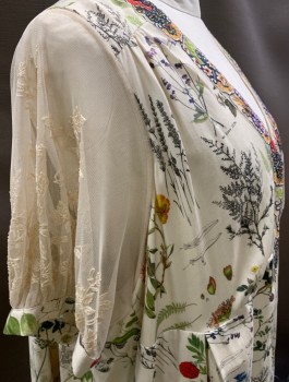 NL, Cream, Red, Green, Blue, Peach Orange, Cotton, Floral, V-N with Hook & Eye, Floral Trim Around Neck & Down Front, Lace Sleeves, Side Zipper, Pleat At Back Waist Band
