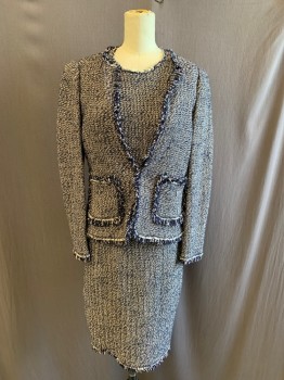 Womens, Suit, Jacket, REBECCA TAYLOR, Navy Blue, White, Lt Pink, Cotton, Polyester, Speckled, W.28, B.32, H.34, Woven , Long Sleeves, Fastening Hook on Front, 2 Pockets on Front