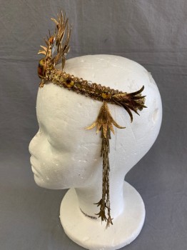 Unisex, Historical Fiction Headpiece, MTO, Gold, Brown, Yellow, Metallic/Metal, Plastic, Gold Headband, Yellow & Brown Swirl Beaded Applique, Long Gold Dangles,