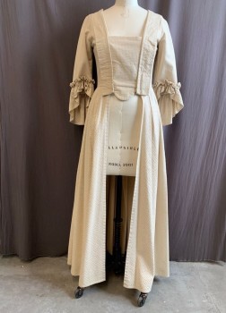 MTO, Beige, Cotton, Solid, 1700s, Square Neck, Stomacher Attached, 2 Buttons on Side of Stomacher, Hook & Eyes Down Front, L/S, Angel Sleeve, Ruffle on Sleeve, Pleated Skirt, Side Slits for Hands on Each Side
