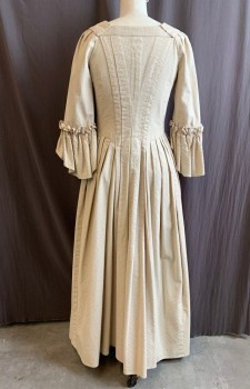 Womens, Historical Fiction Dress, MTO, Beige, Cotton, Solid, W28, B34, 1700s, Square Neck, Stomacher Attached, 2 Buttons on Side of Stomacher, Hook & Eyes Down Front, L/S, Angel Sleeve, Ruffle on Sleeve, Pleated Skirt, Side Slits for Hands on Each Side