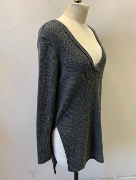 ASTR, Gray, Polyester, Rayon, Solid, Knit, L/S, Deep V-Neck, Tunic Length with High Slits at Side Seam Hem
