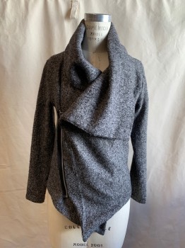 N/L , Black, Gray, Acrylic, Mottled, Boucle Sweater Jacket, Asymmetrical Zip Front, Oversized Collar, Long Sleeves