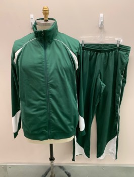 TEAMWORK, Emerald Green, White, Polyester, Solid, Stand Collar, Zip Front, 2 Side Pockets, Elastic Waistband & Cuff, White Front Piping & Inserts