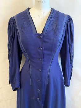 Womens, Coat 1890s-1910s, NL , Blue, Wool, W: 24, B: 36, H: 36, V-N, Single Breasted, Button Front, L/S, Gold Metal Buckle on Each Cuff, Cording Pattern at Yoke, Dark Slate Gray Embroidered Trim, Velvet Trim, Inverted Pleats at Back, Black & Gold Cording Pattern Patch at Back Neck